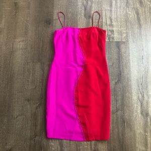 David Meister Hot Pink Red Color Block Beaded Mini Dress 2